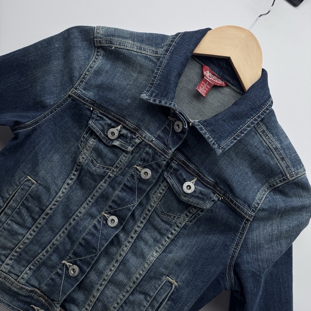 Arizona Jean Co Denim Jacket Womens Small S Cropped Dark Wash Stretch Blue